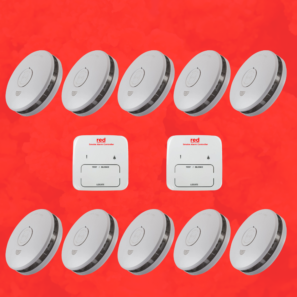 Red Professional Smoke Alarm Photoelectric Interconnected 10 Pack with 2 Remote Controls