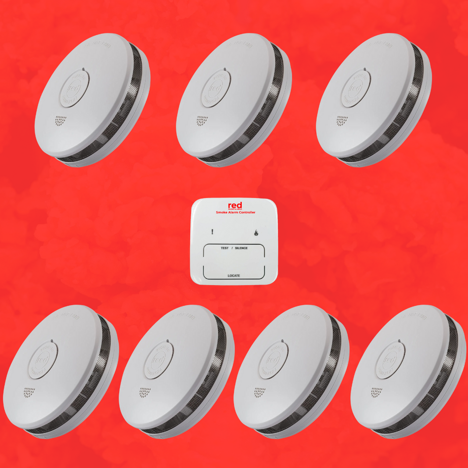 Red Professional Smoke Alarm Photoelectric Interconnected 7 Pack with remote Control