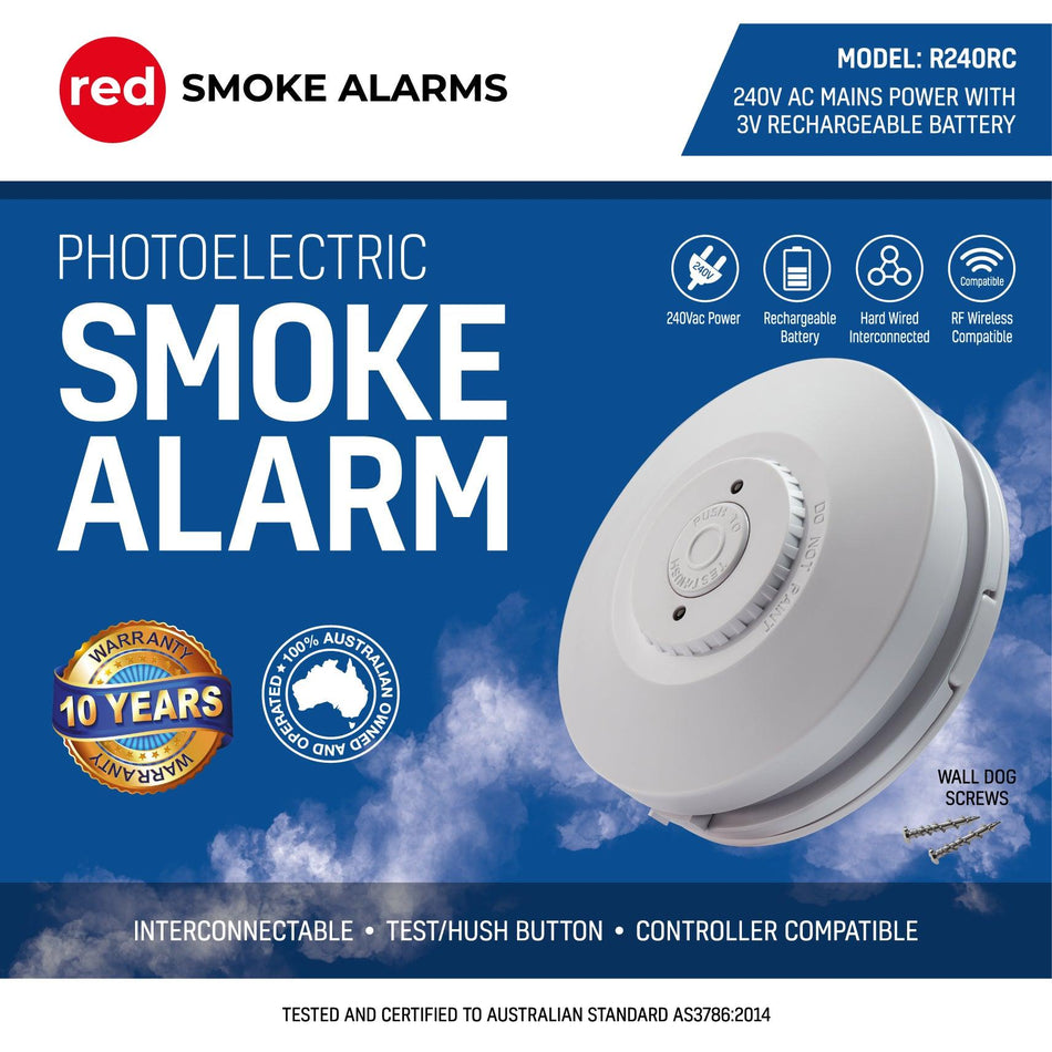 Red 240 volt Hardwired Rechargeable Smoke Alarm - The Smoke Alarm Store