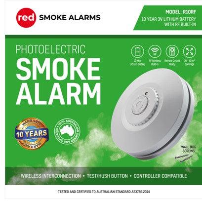 Red Smoke Alarm 10 Pack with Bonus Remote Controls - The Smoke Alarm Store