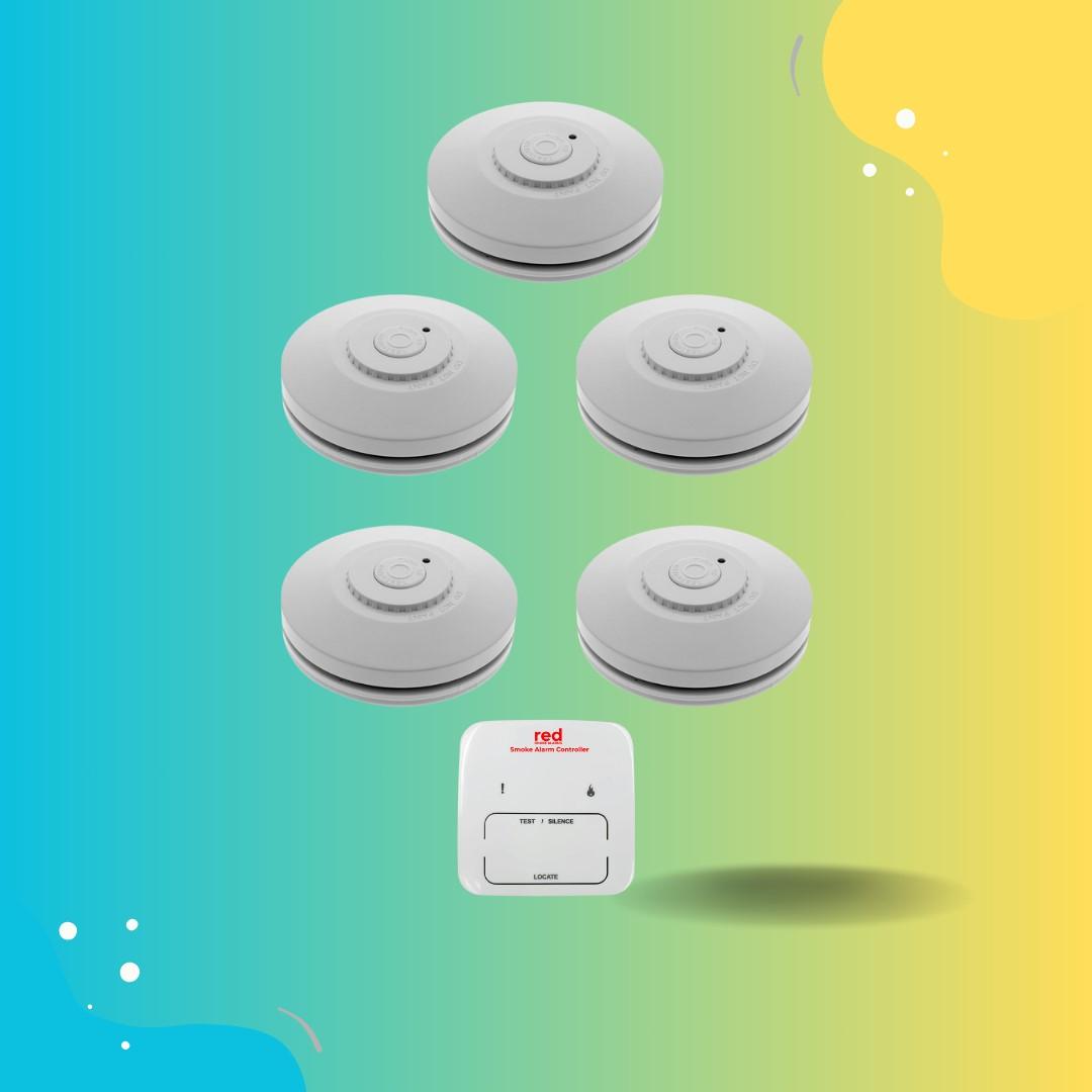 Red Smoke Alarm 5 Pack with Remote Control. - The Smoke Alarm Store