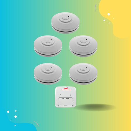 Red Smoke Alarm 5 Pack with Remote Control. - The Smoke Alarm Store